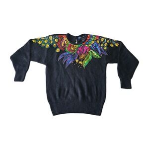 Vtg 1990 IB Diffusion Angora Beaded Sequins Peacock Floral Embellished Sweater S